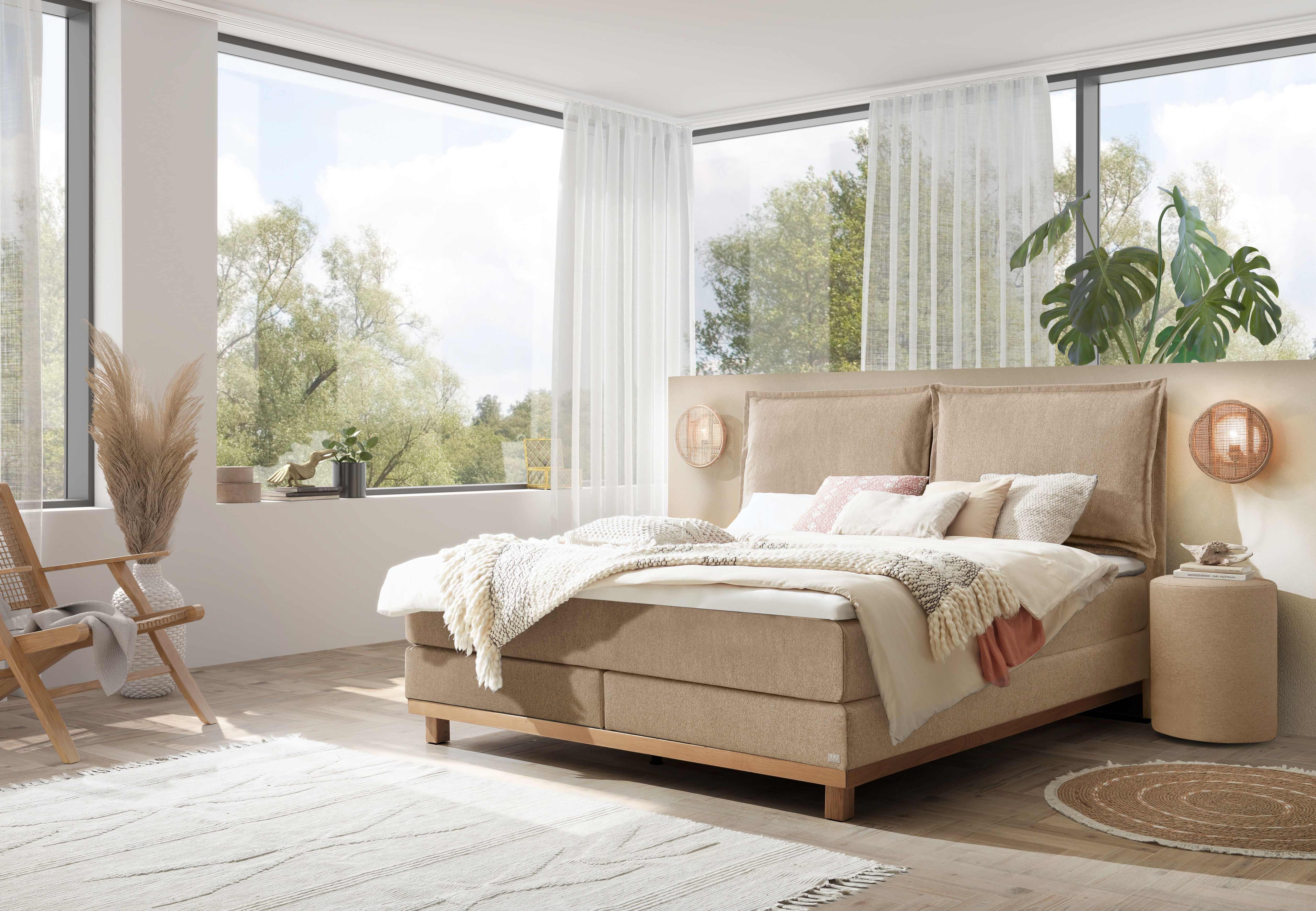 Hasena Pronto Boxspringbett Zamora in Pace sand mit Holzgestell in Eiche bright geölt für schnellen Boxspring-Komfort