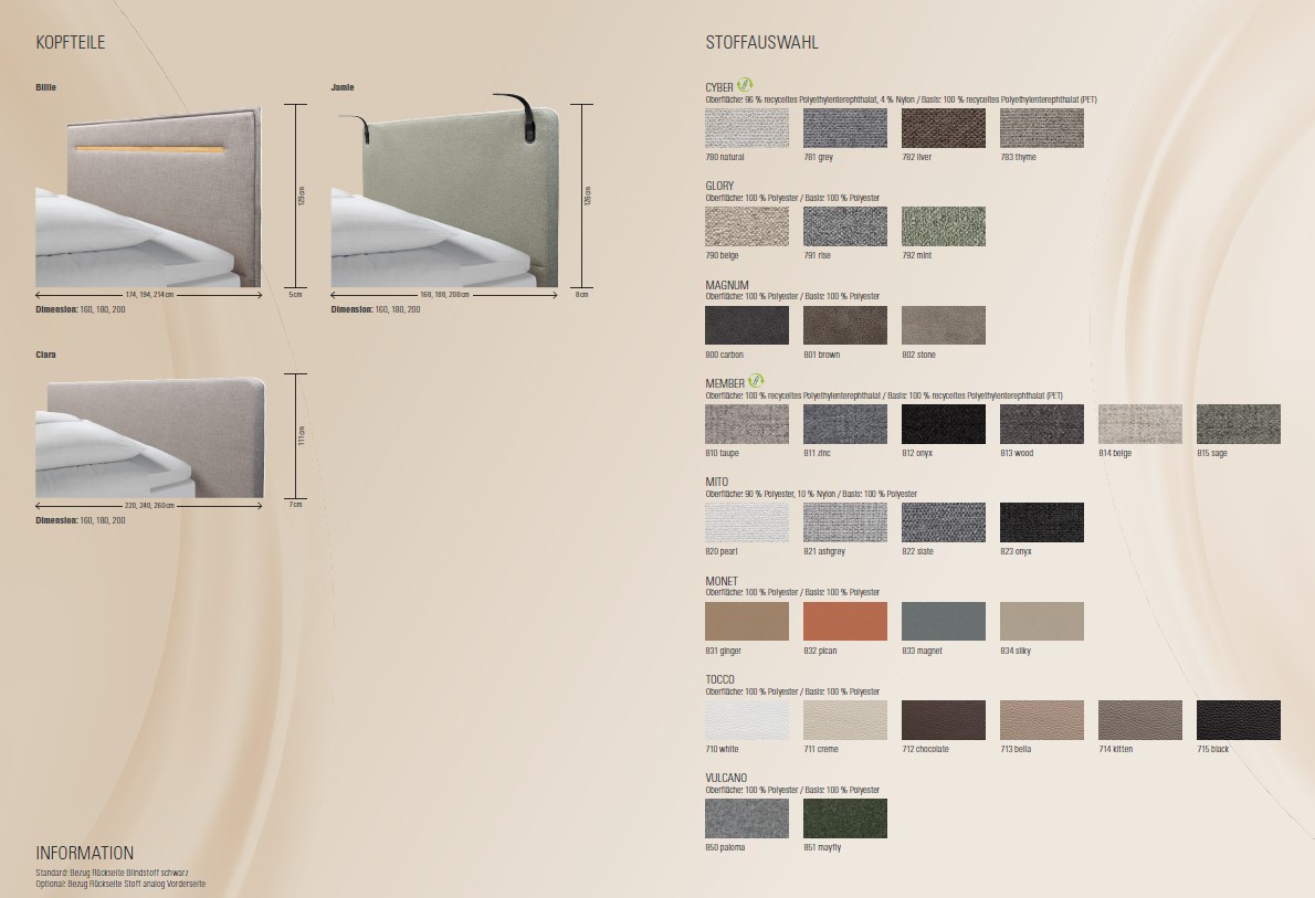 Hasena Boxspring Comfort Kopfteile Übersicht mit verschiedenen Designs und Abmessungen